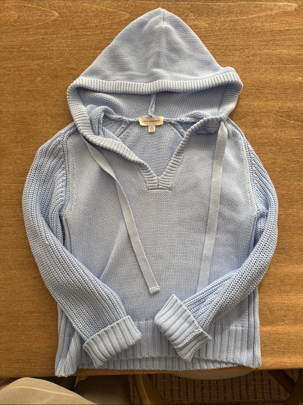 Light Blue V-Neck Hooded Knit Sweater by Free Assembly